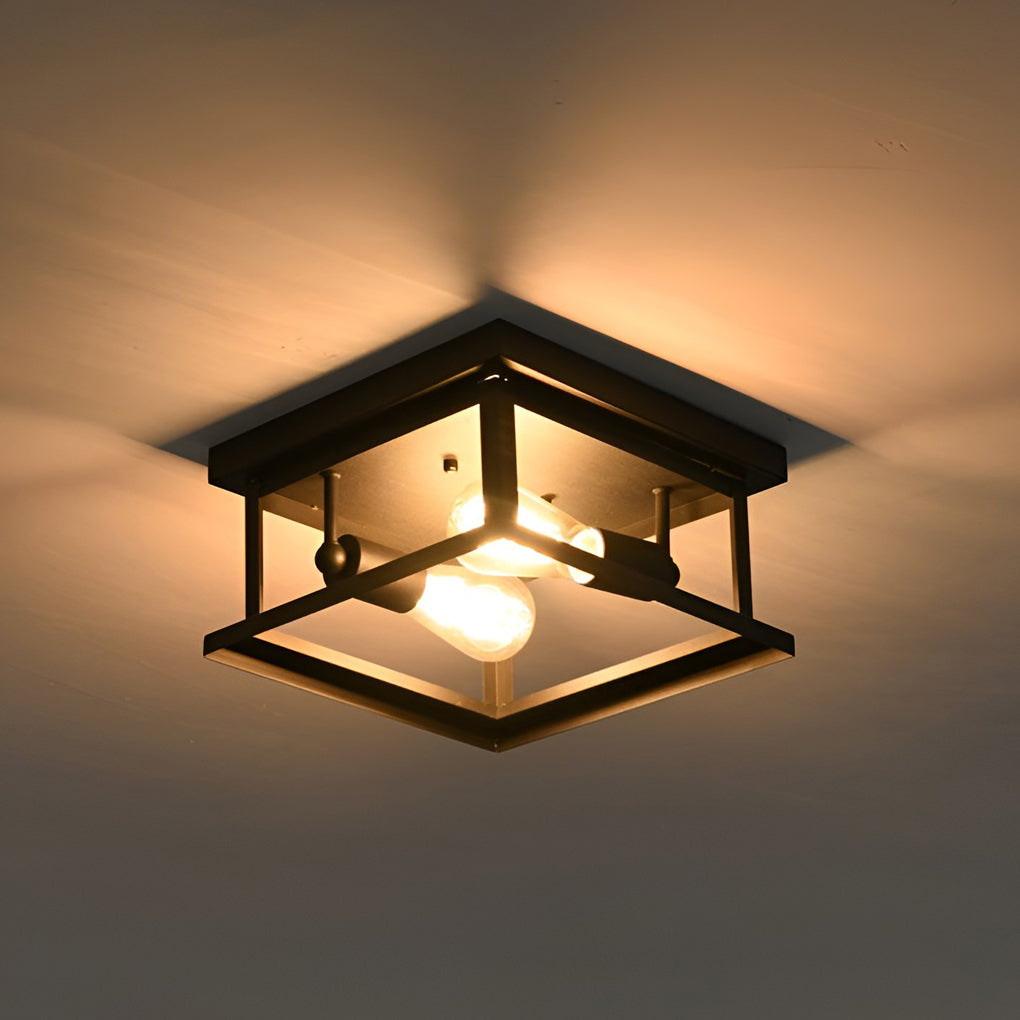 Vintage Square Iron Flush Mount Ceiling Light Retro Industrial Black Metal Fixture