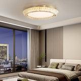 Modern Crystal Drum Flush Mount Ceiling Light Titanium Gold LED Chandelier with Quicksand Detail