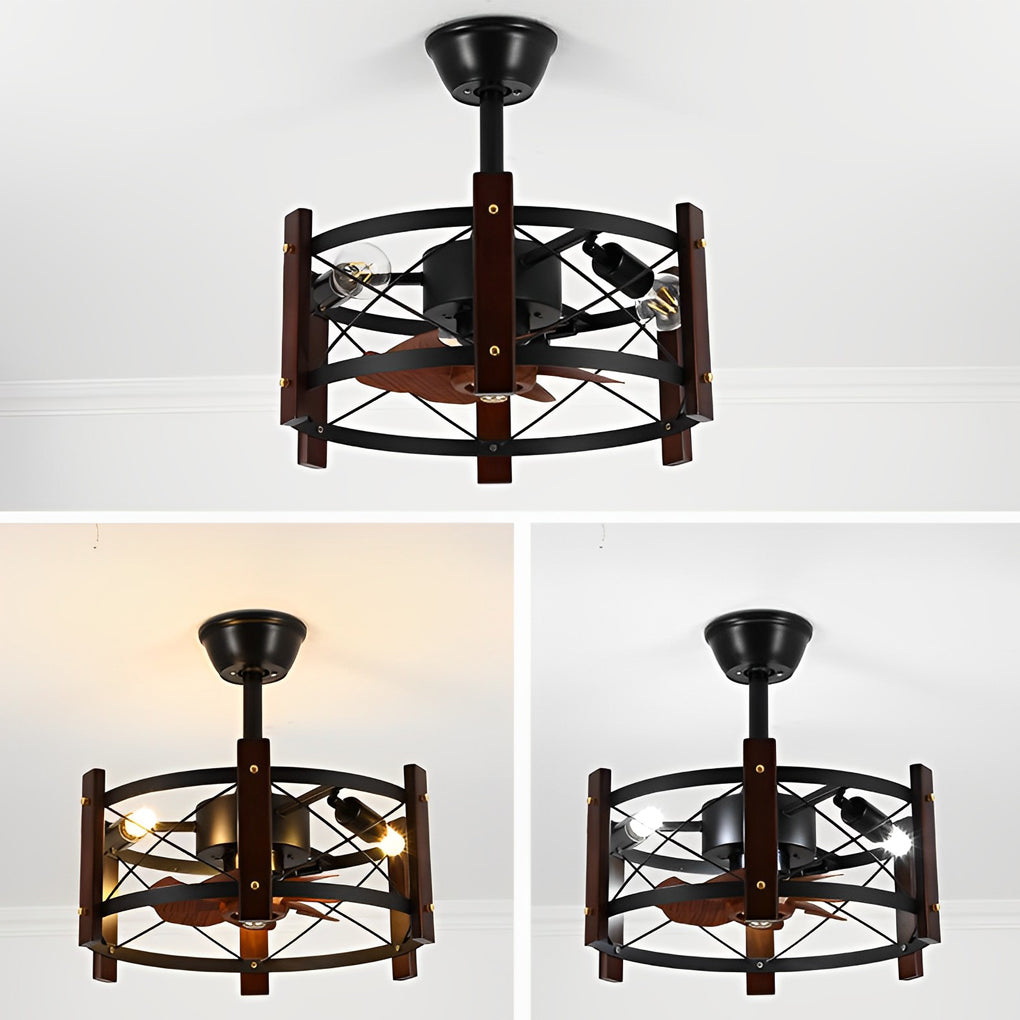 Vintage Industrial Black Metal Cage Bladeless Ceiling Fan with 4 Light Chandelier for Living Room