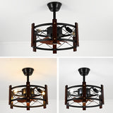 Vintage Industrial Black Metal Cage Bladeless Ceiling Fan with 4 Light Chandelier for Living Room