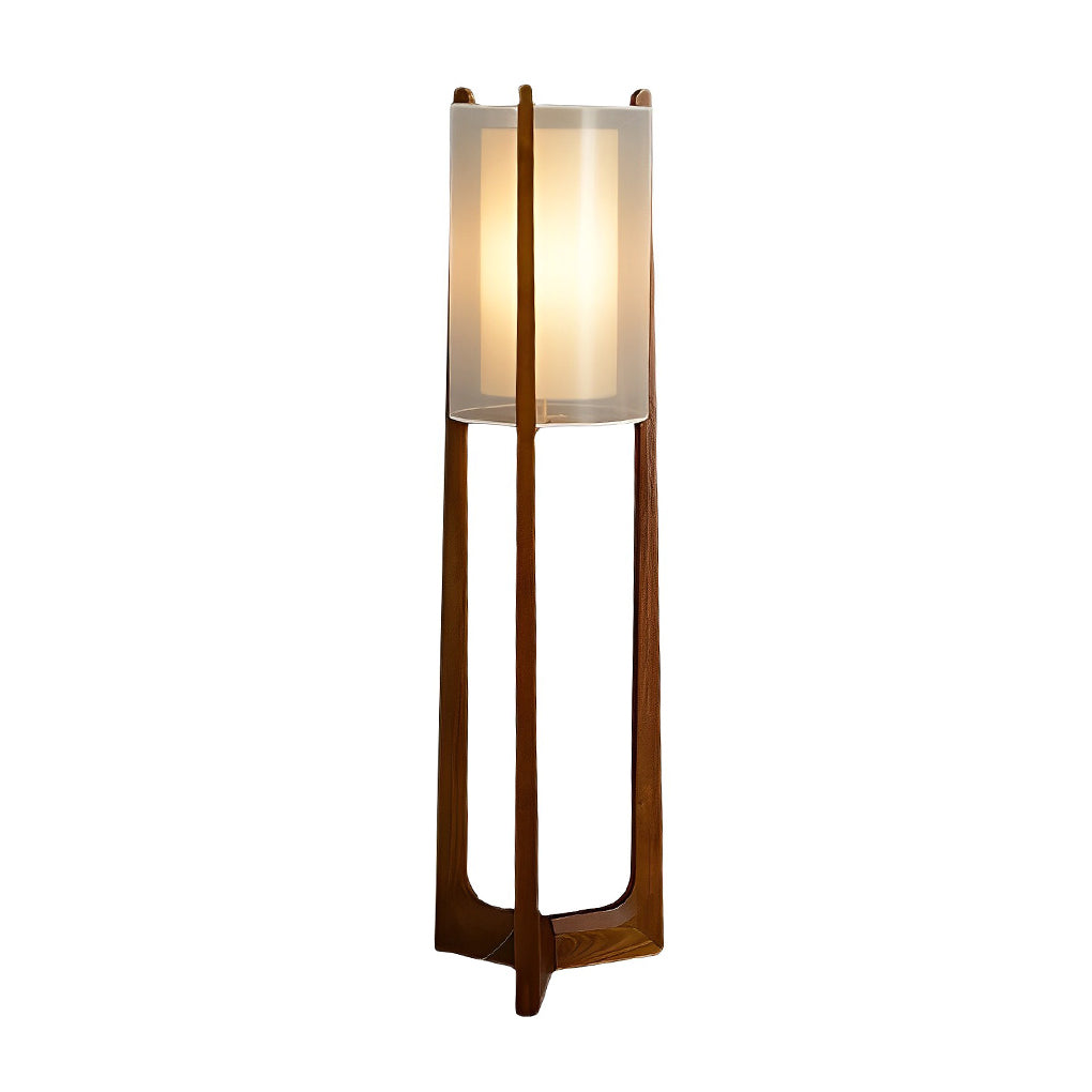 Japanese Style Wood LED Floor Lamp with Double Shade and Natural Finish Standing Light