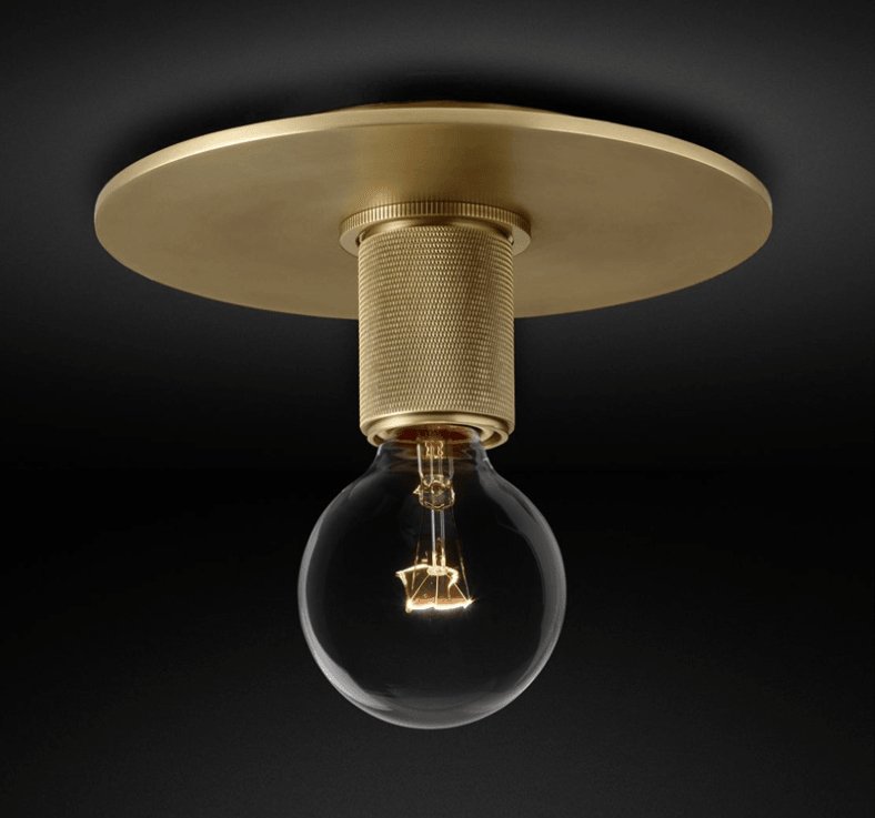 Modern Industrial Brass Flush Mount Ceiling Light with Clear Glass Shade and Knurled Detail