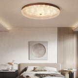 Retro Walnut Finish Round LED Flush Mount Ceiling Light Dimmable with Remote Control