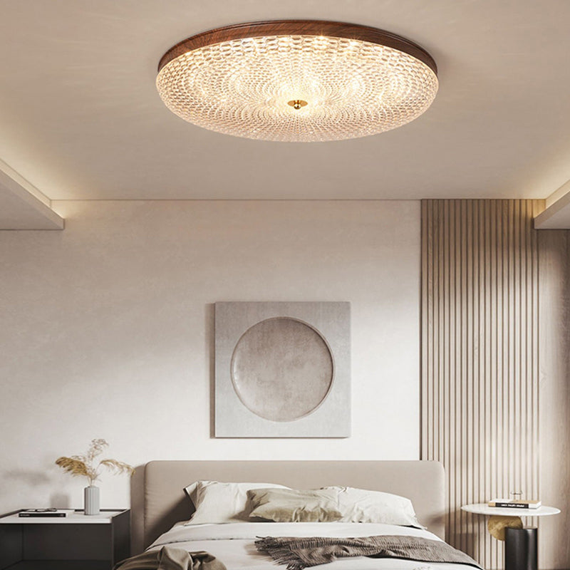 Retro Walnut Finish Round LED Flush Mount Ceiling Light Dimmable with Remote Control