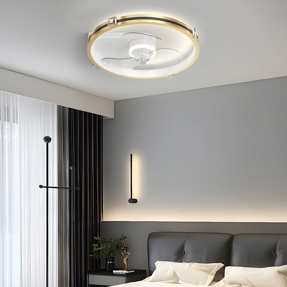Modern Gold Ring LED Ceiling Fan with 3 Color Dimming Flush Mount Light for Bedroom Study