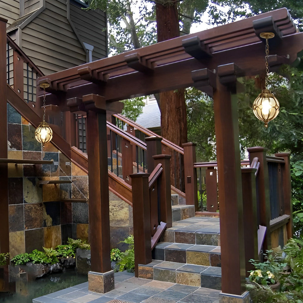 Retro Glass Globe Outdoor Pendant Light Waterproof Aluminum Exterior Chandelier for Porch and Garden