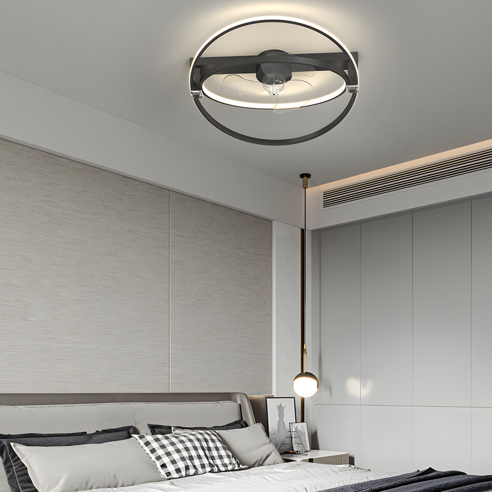 Modern 2 Ring LED Flush Mount Ceiling Fan with 3 Step Dimming for Bedroom Kitchen