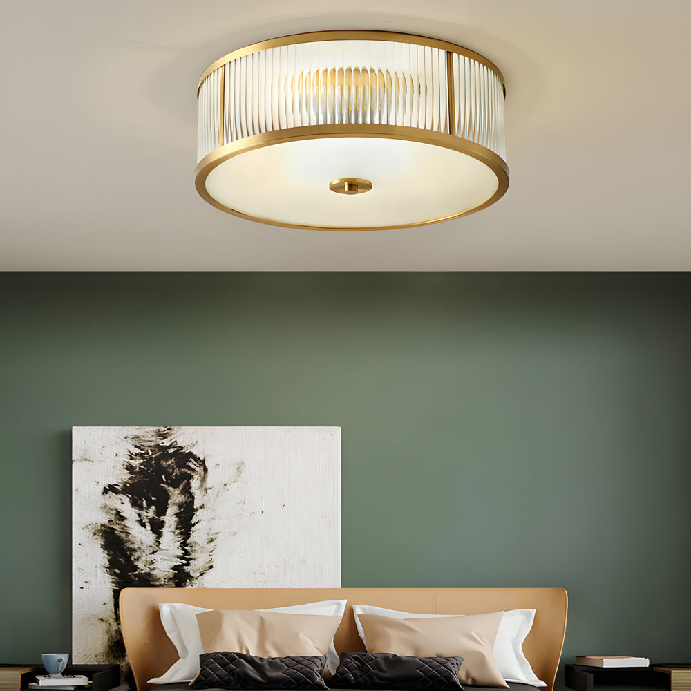 Modern Gold Drum Flush Mount Ceiling Light with Ribbed Glass Shade for Living Room and Bedroom