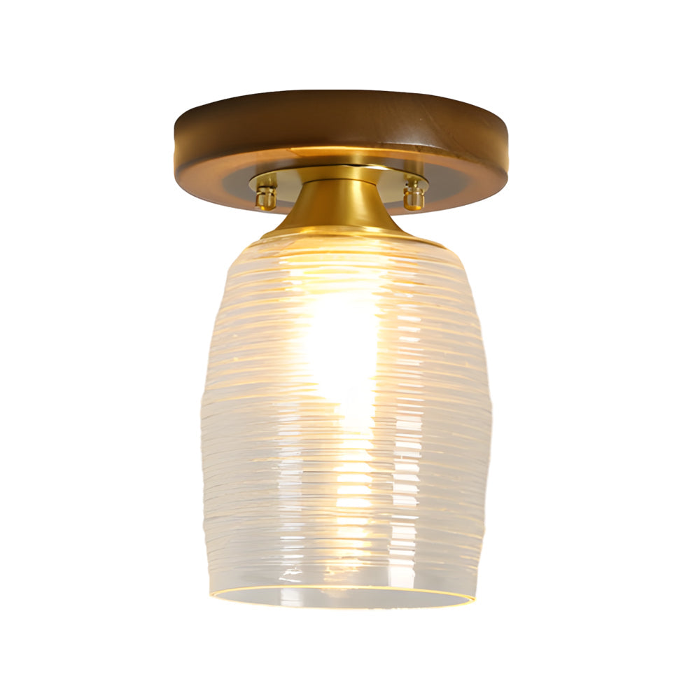 American Country Style Walnut Wood and Glass Flush Mount Ceiling Light Fixture