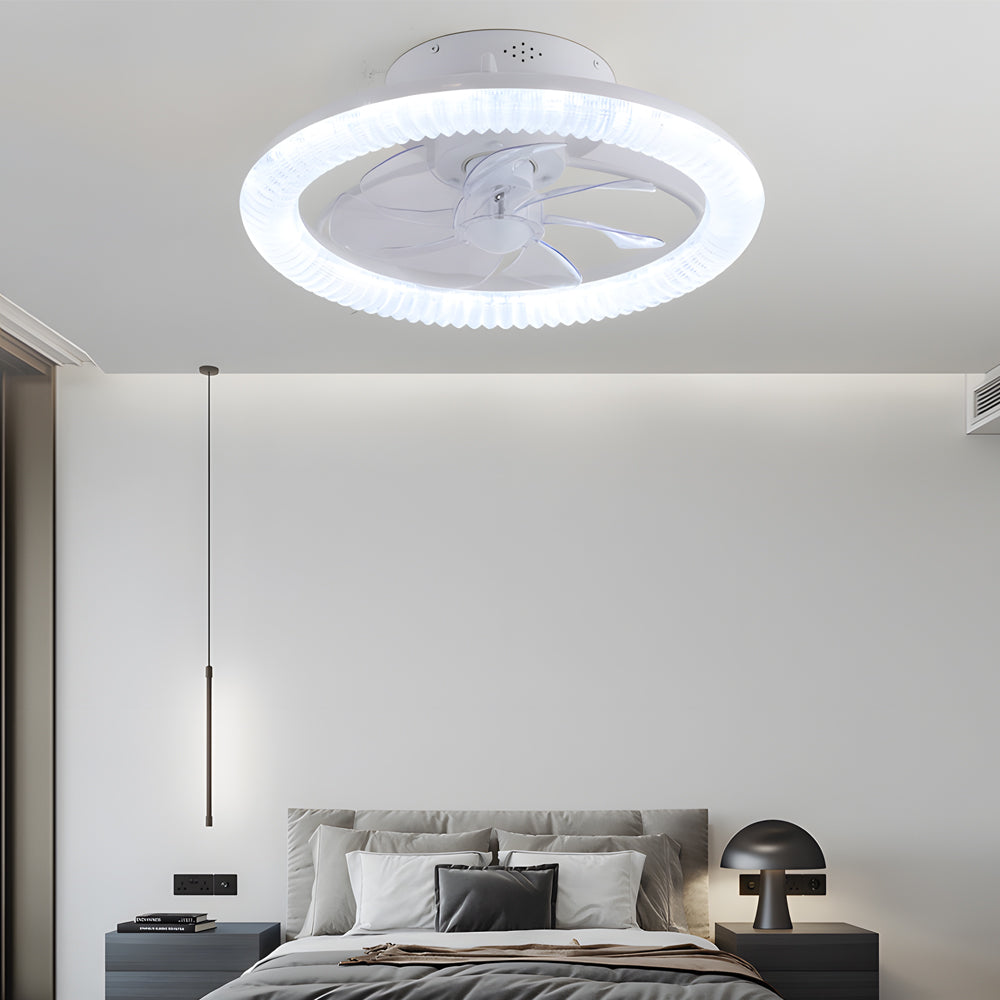 Modern White Round RGB Dimmable Flush Mount Ceiling Fan with Remote Control LED Light