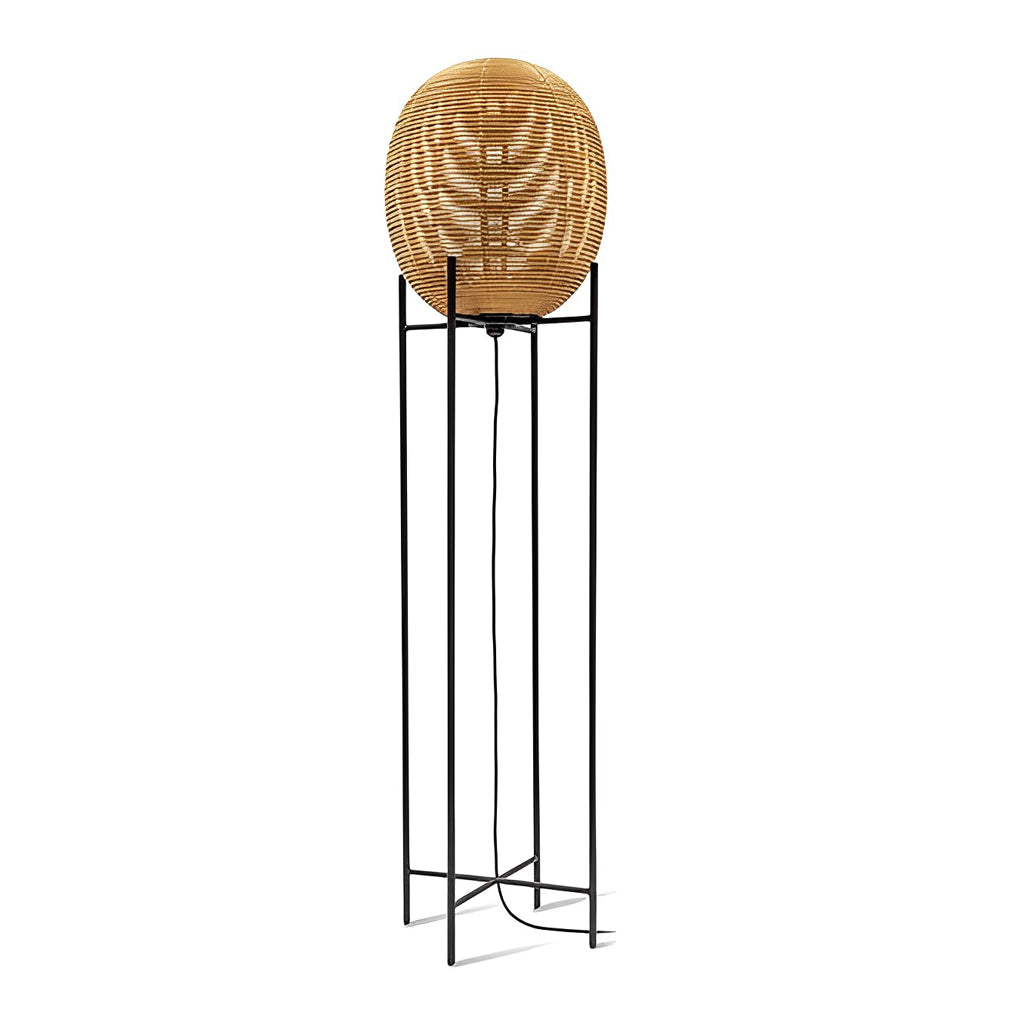 Farmhouse Rustic Rattan Standing Floor Lamp with Black Metal Base and Woven Shade for Living Room