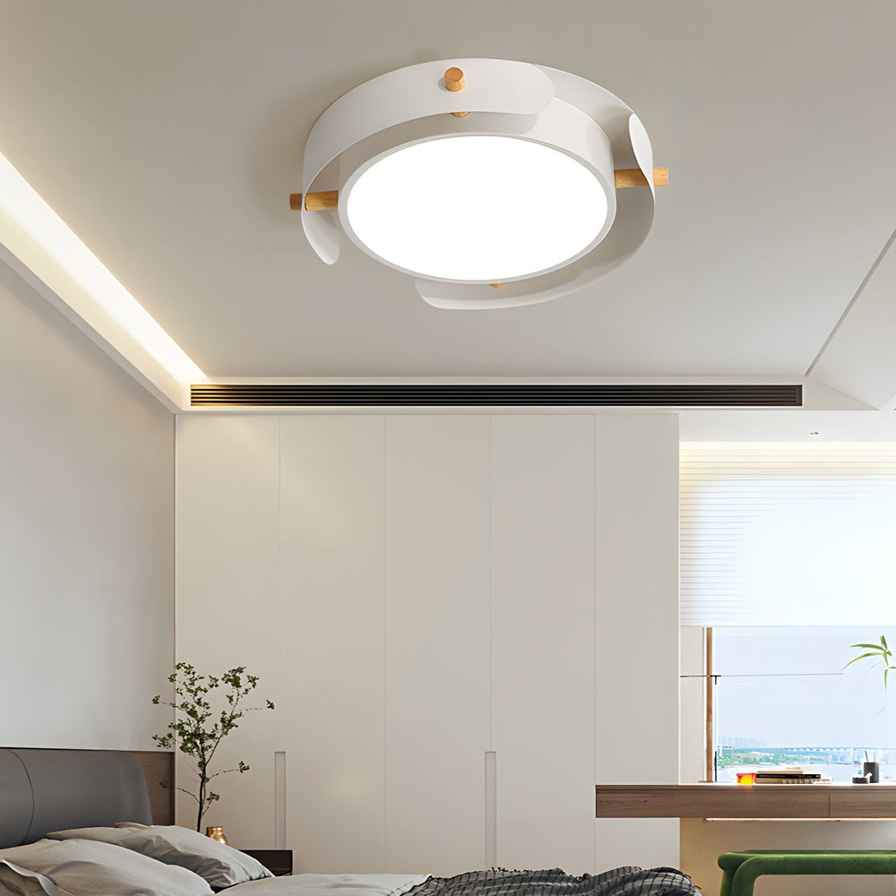 Modern White Iron and Rubber Wood Round Drum Flush Mount LED Ceiling Light Fixture