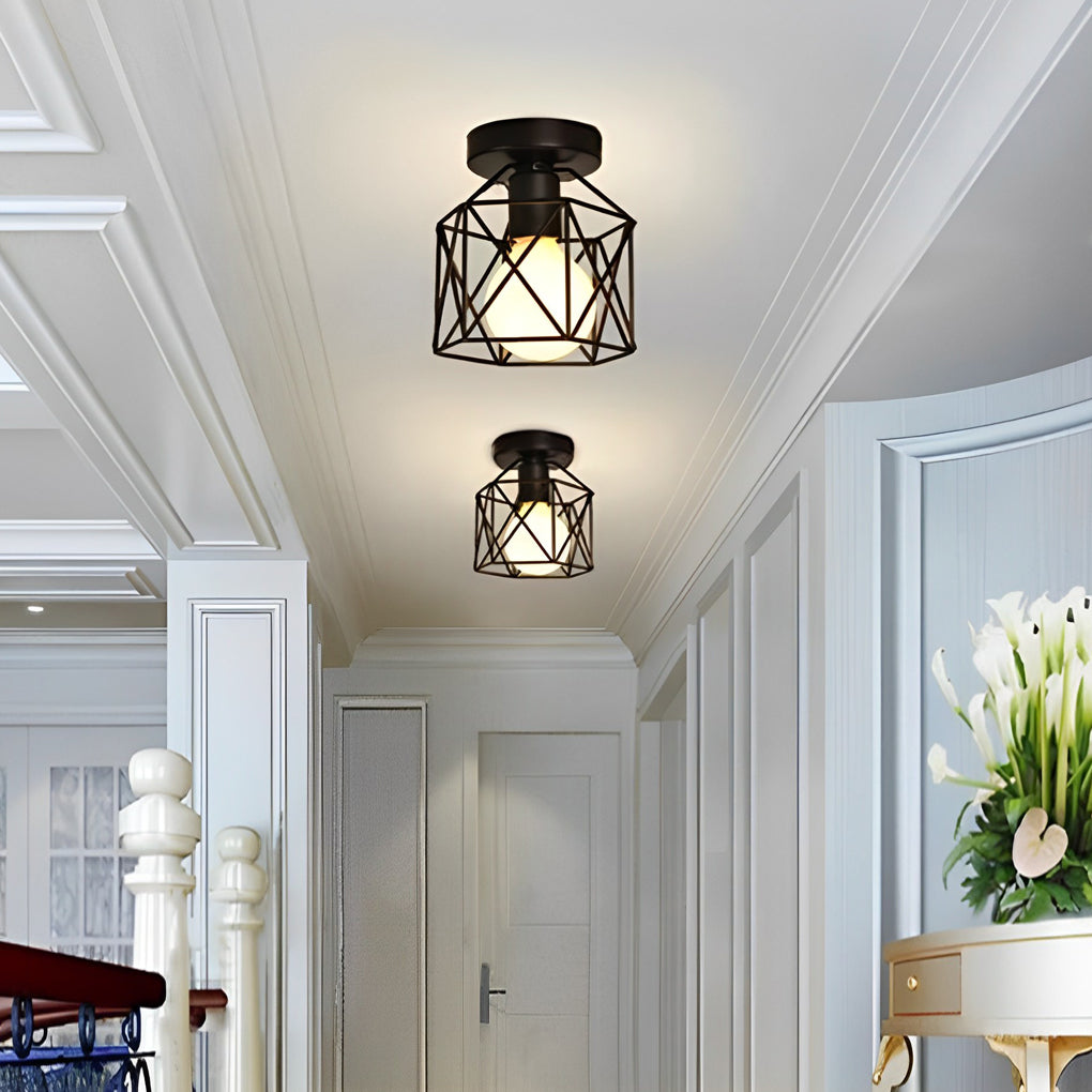 Traditional Black Metal Wire Frame Lantern Outdoor Flush Mount LED Ceiling Light