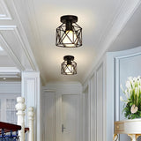 Traditional Black Metal Wire Frame Lantern Outdoor Flush Mount LED Ceiling Light