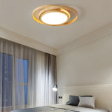 Modern Round Oak Wood LED Ceiling Light with Oval Rings Minimalist Flush Mount Fixture
