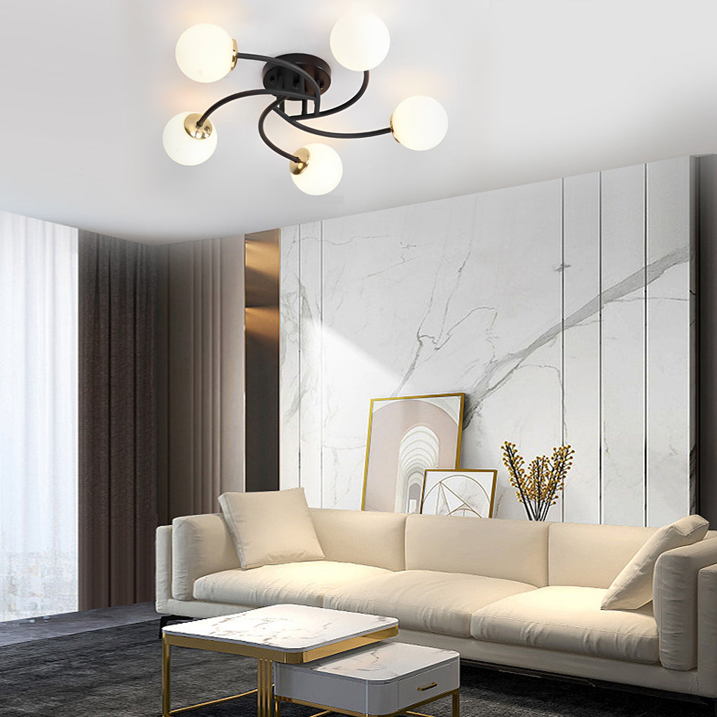 Modern Swirled Metal Flush Mount Light with Elegant Glass Globes for Ambient Bedroom Lighting