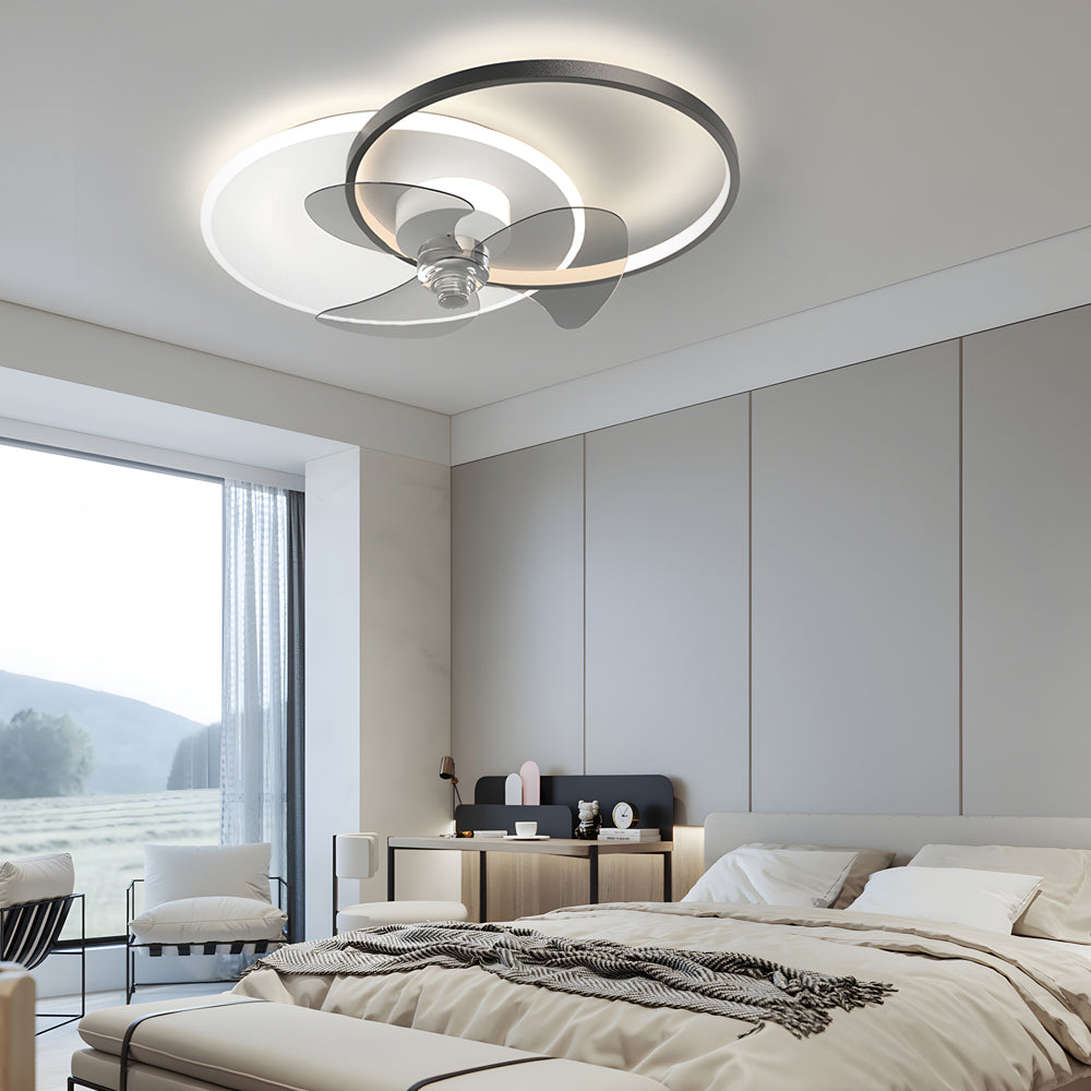 Modern Low Profile LED Ceiling Fan Silent Flush Mount 3 Color Dimming Light