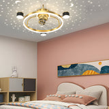 Creative Round Ceiling Fan with Moon Star Projection and 3 Color Dimming for Modern Bedrooms