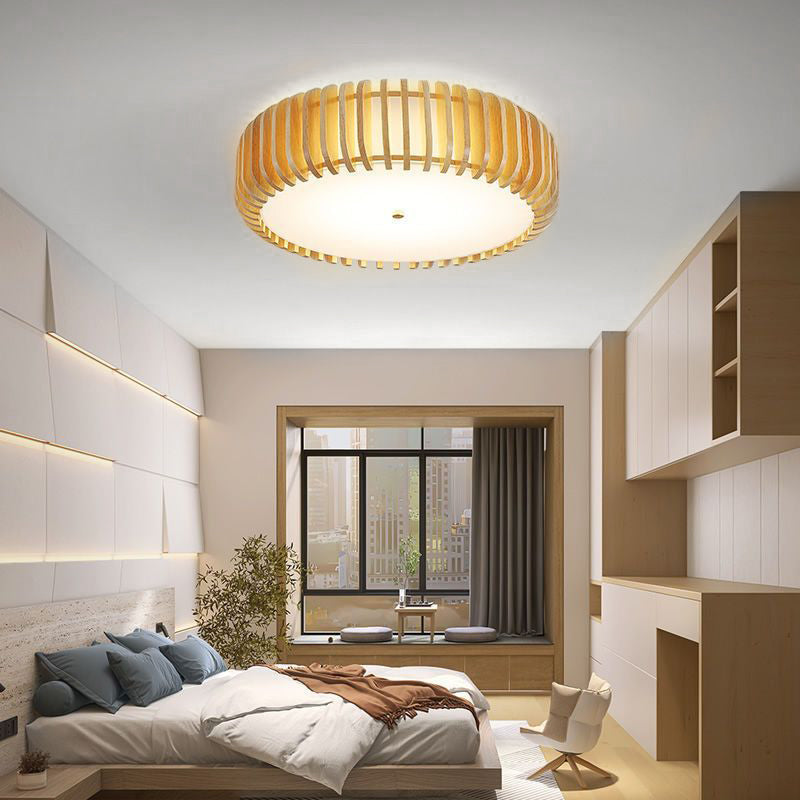 Modern Round Wooden LED Ceiling Light for Bedroom with 3 Step Color Dimming