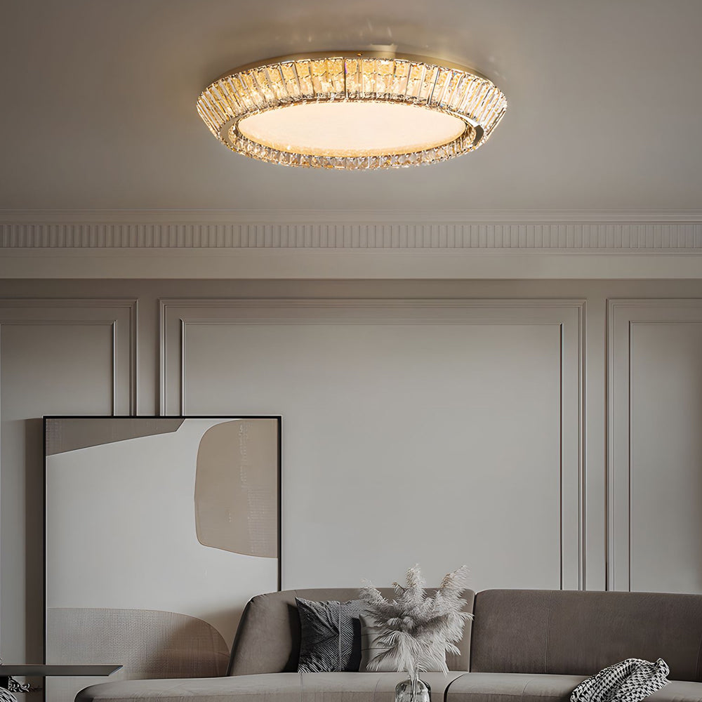 Modern Crystal Drum Flush Mount Ceiling Light Titanium Gold LED Chandelier with Quicksand Detail