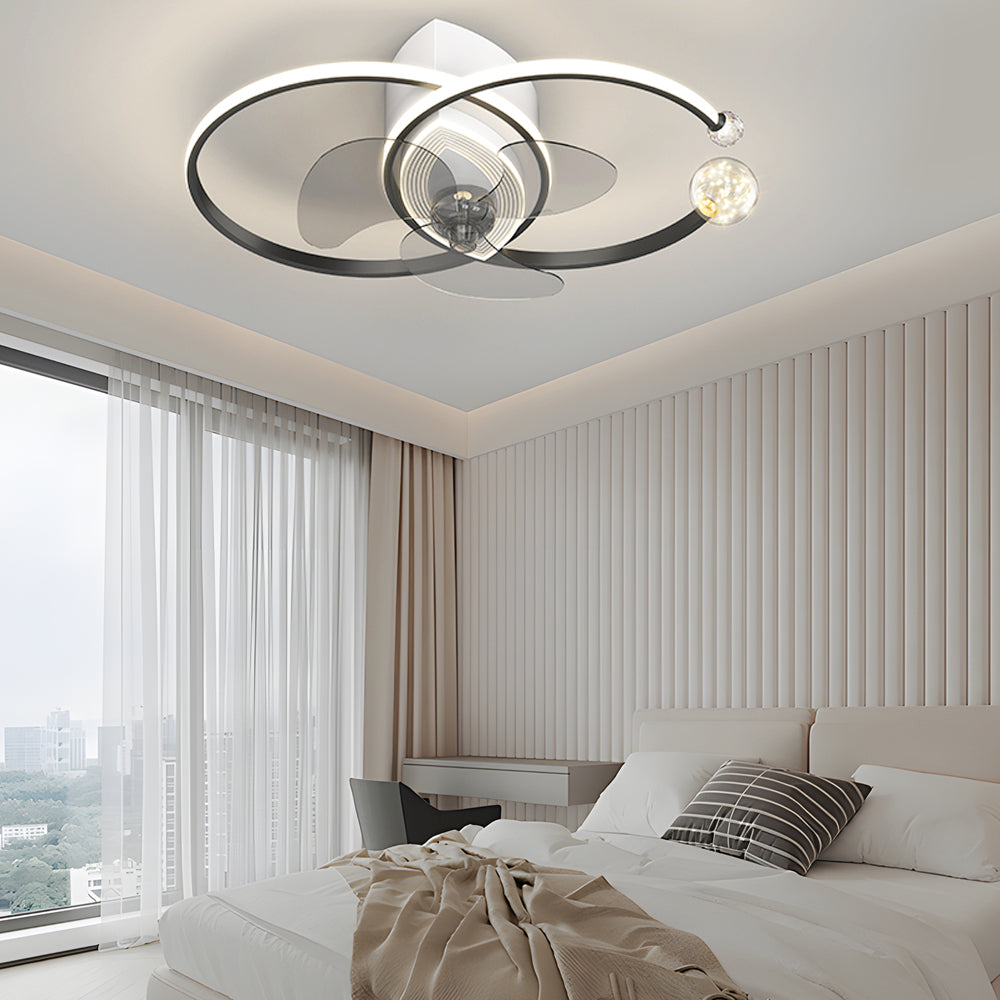 Modern 2 Ring LED Ceiling Fan with 3 Color Dimming for Bedroom Living Room Black and Gold