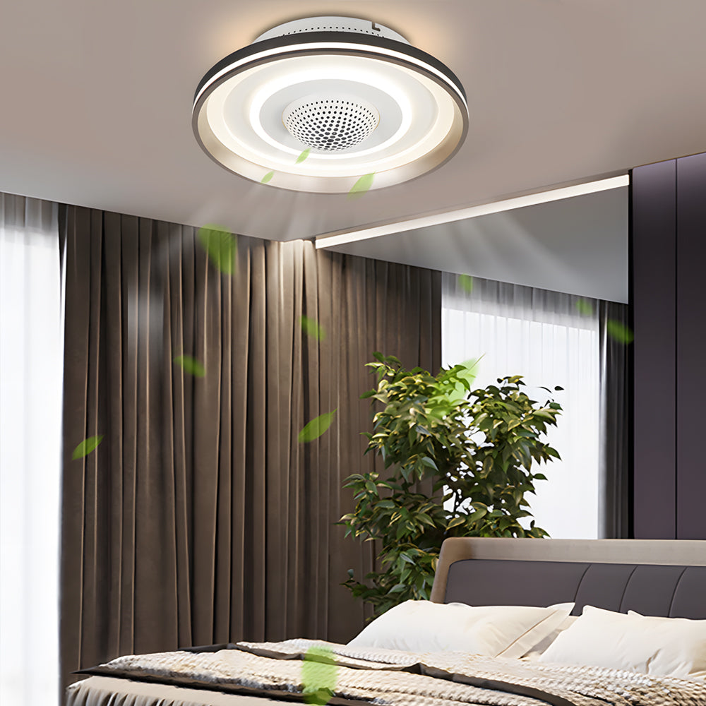 Modern Round Bladeless Ceiling Fan with Dimmable LED Light Flush Mount Low Profile Fixture