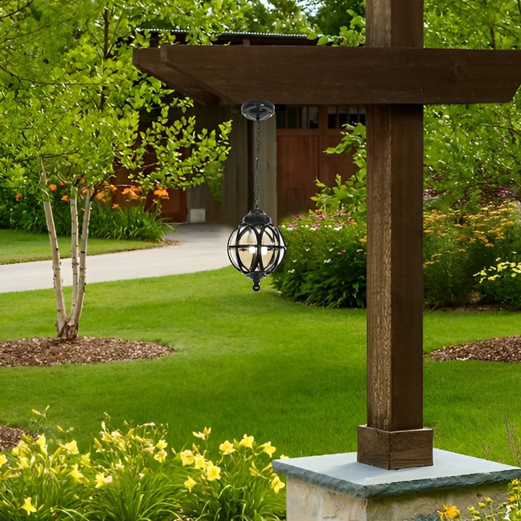 Vintage Waterproof Outdoor Pendant Light Retro Aluminum and Glass Hanging Ball Ceiling Lantern