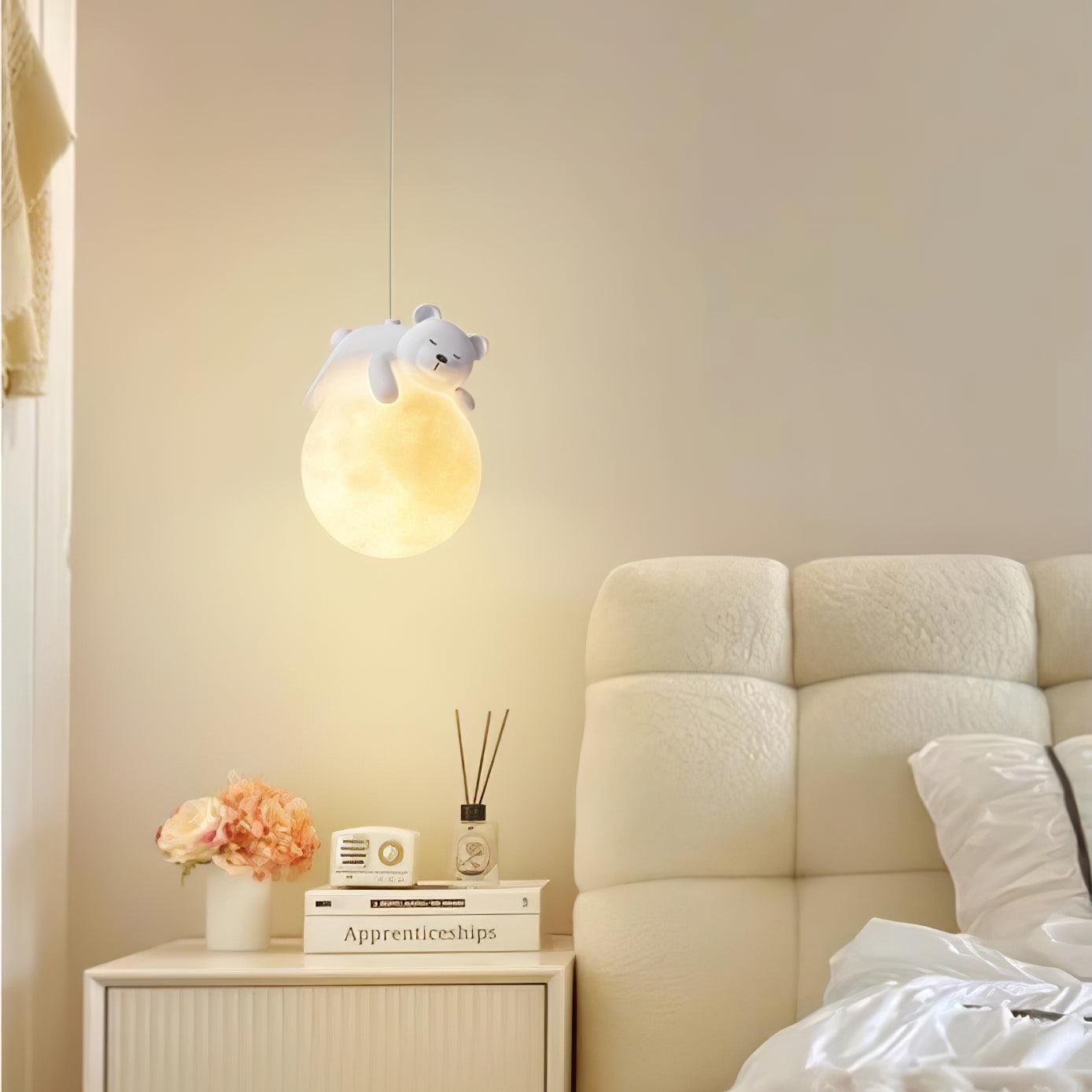 3D Printed Sleeping Bear Moon Pendant Light for Kids Bedroom and Nursery Animal Hanging Lamp