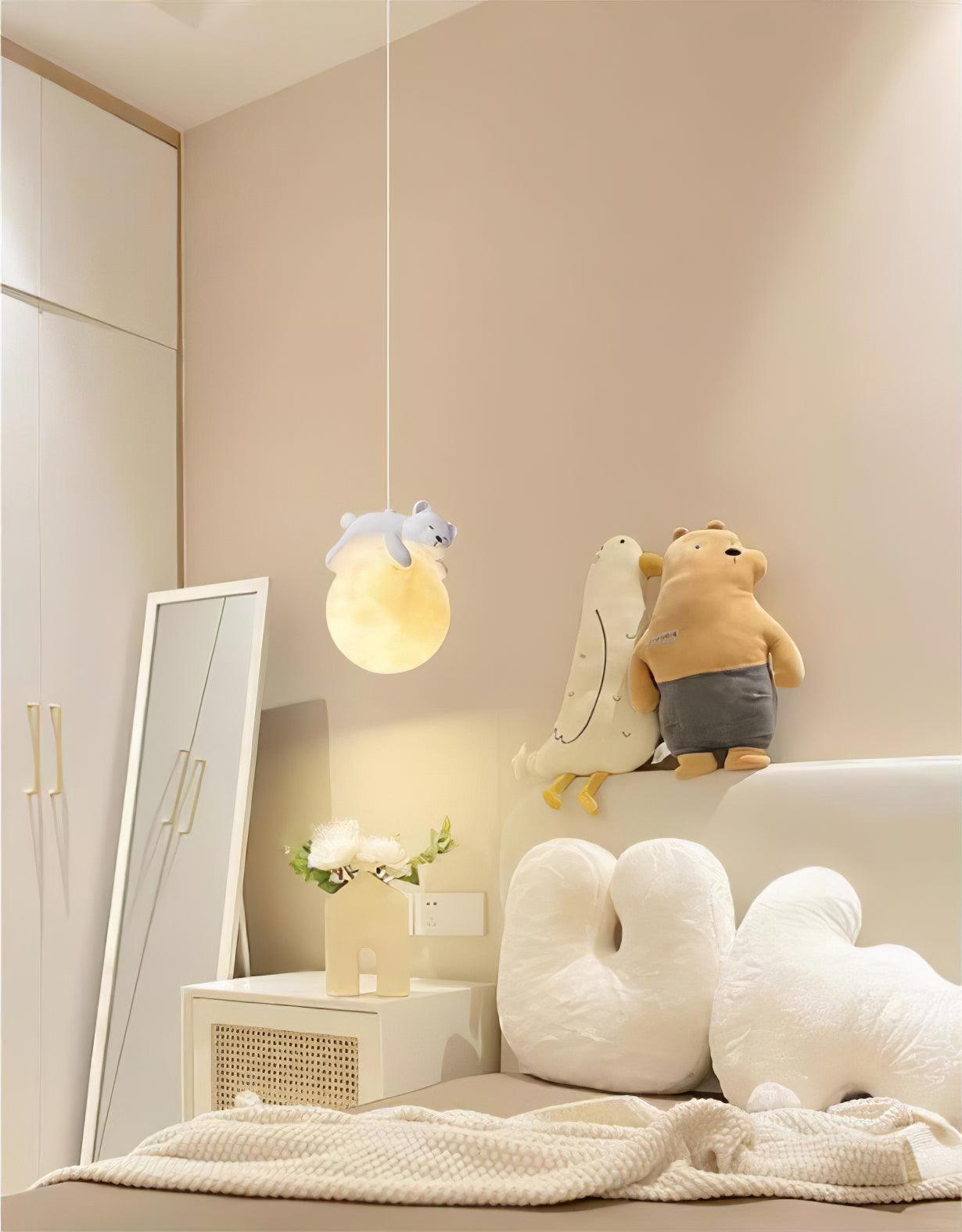 3D Printed Sleeping Bear Moon Pendant Light for Kids Bedroom and Nursery Animal Hanging Lamp