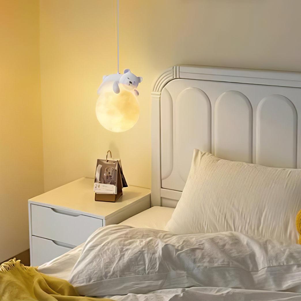 3D Printed Sleeping Bear Moon Pendant Light for Kids Bedroom and Nursery Animal Hanging Lamp