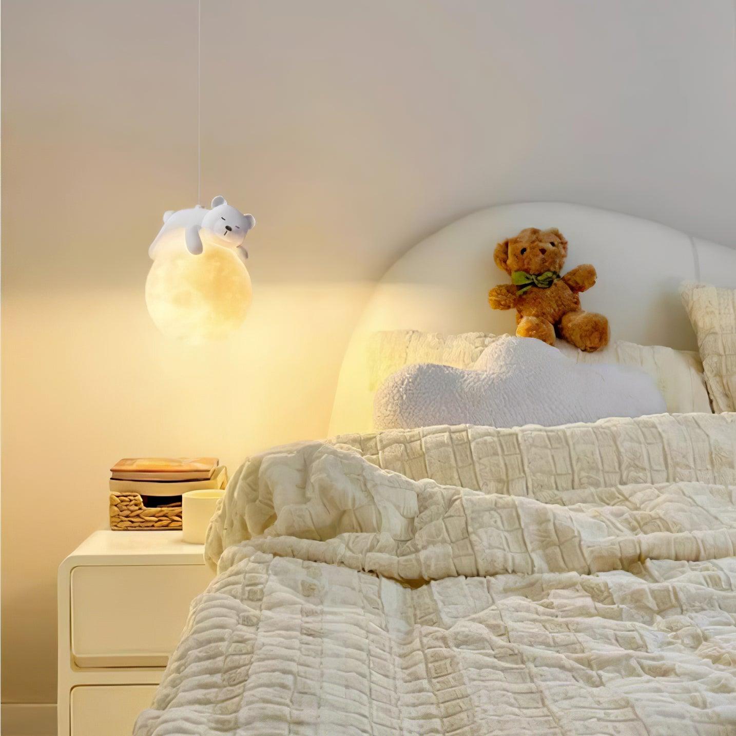3D Printed Sleeping Bear Moon Pendant Light for Kids Bedroom and Nursery Animal Hanging Lamp