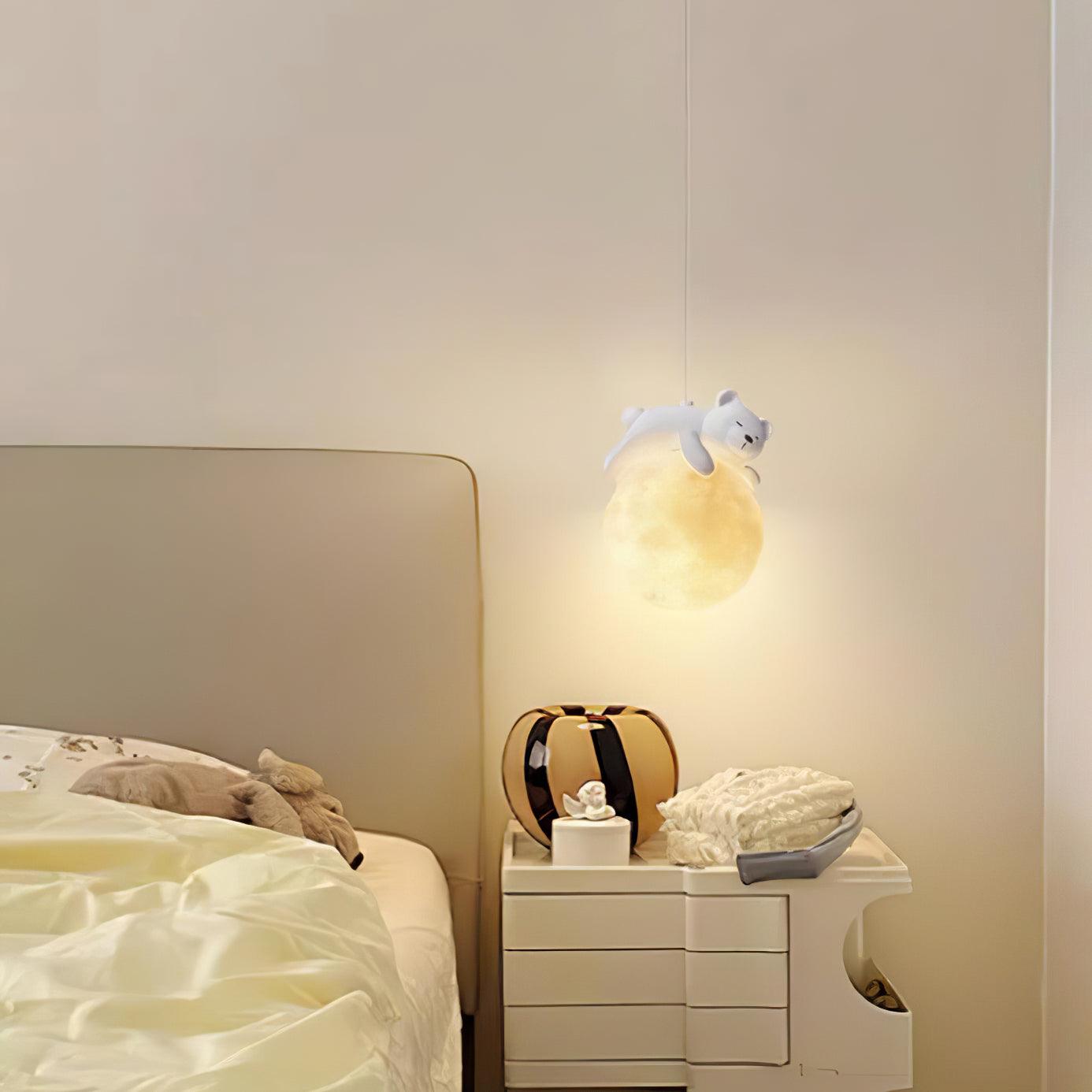 3D Printed Sleeping Bear Moon Pendant Light for Kids Bedroom and Nursery Animal Hanging Lamp
