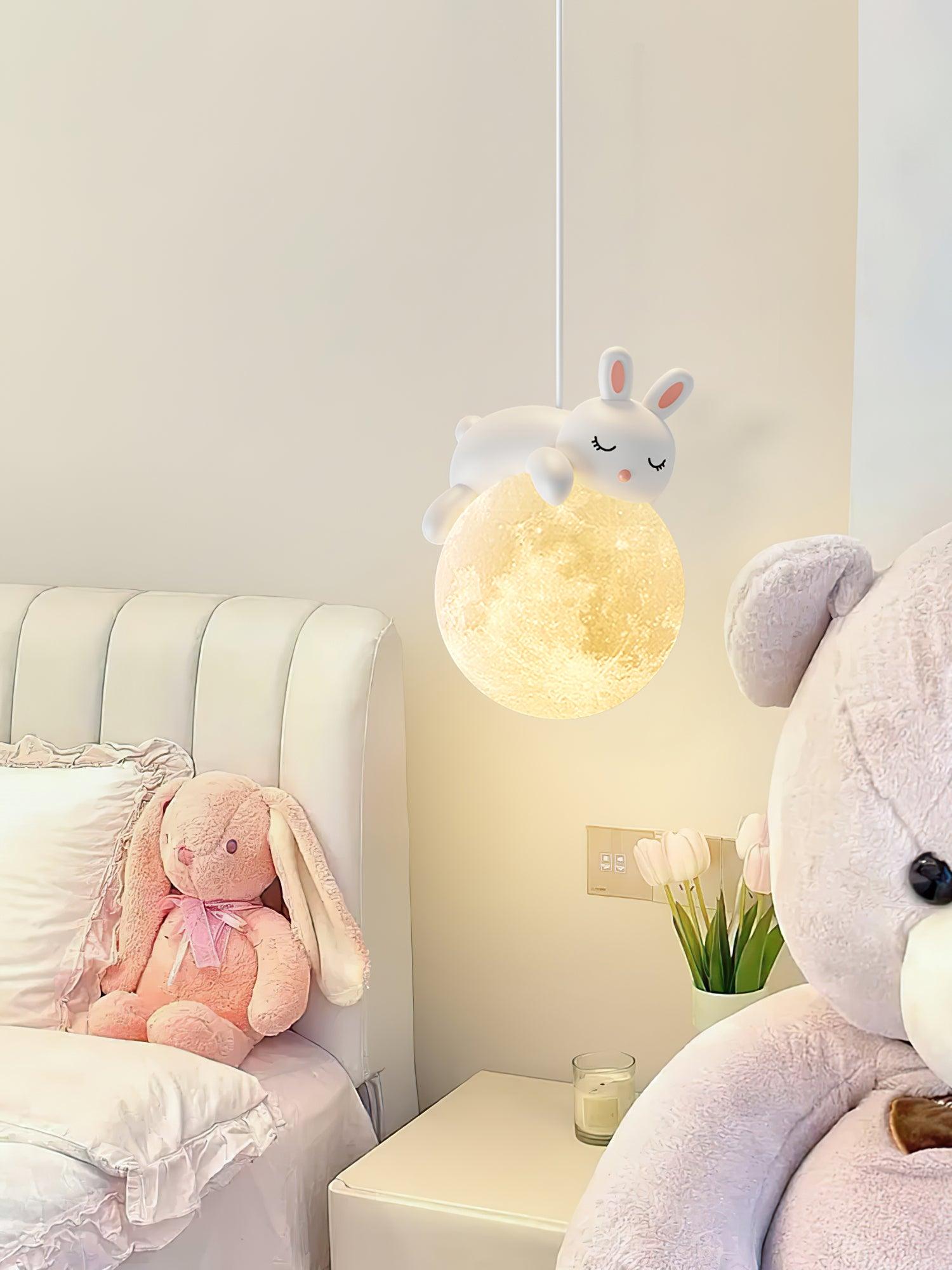3D Printed Sleeping Bear Moon Pendant Light for Kids Bedroom and Nursery Animal Hanging Lamp