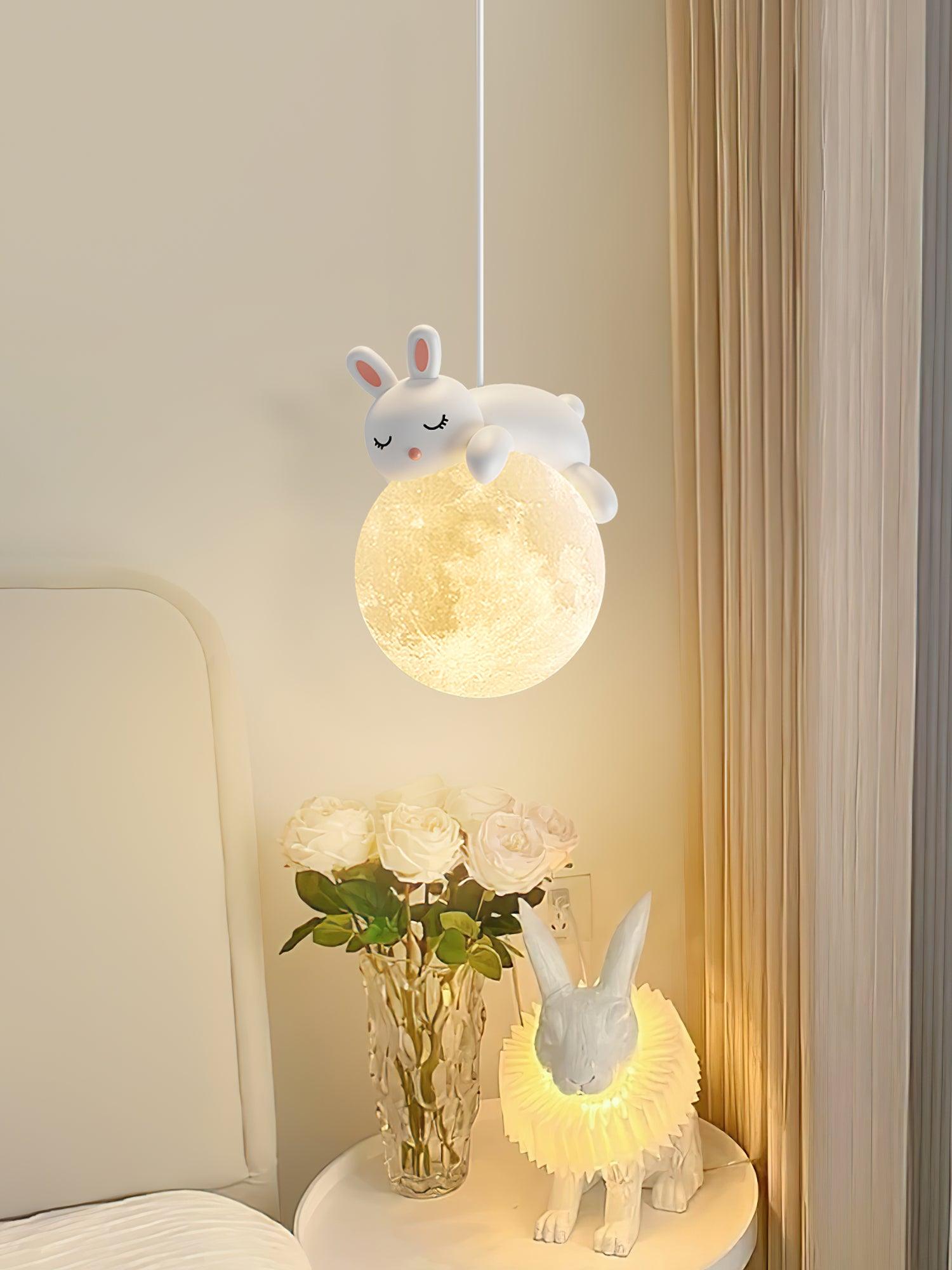 3D Printed Sleeping Bear Moon Pendant Light for Kids Bedroom and Nursery Animal Hanging Lamp