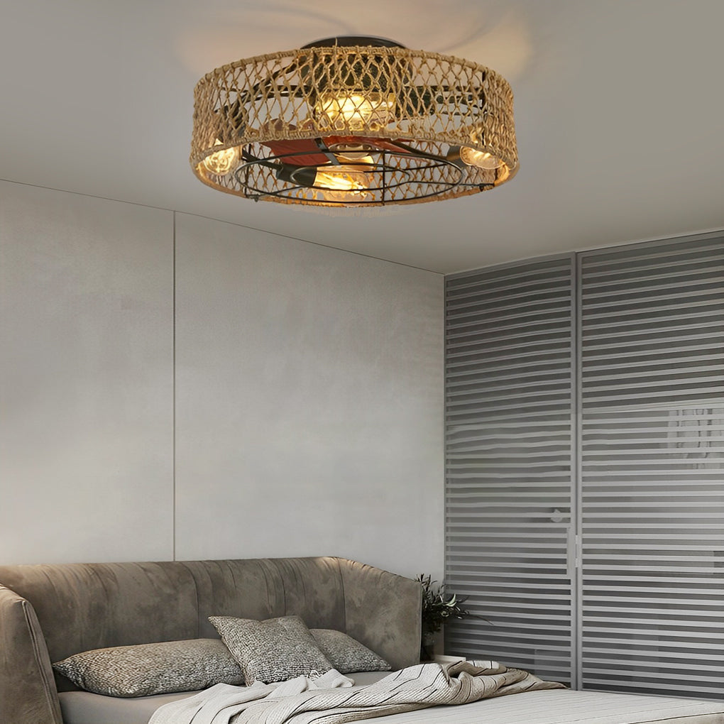 Retro Industrial Rattan Iron Bladeless Ceiling Fan with Light 6 Speeds Timing and Inverter