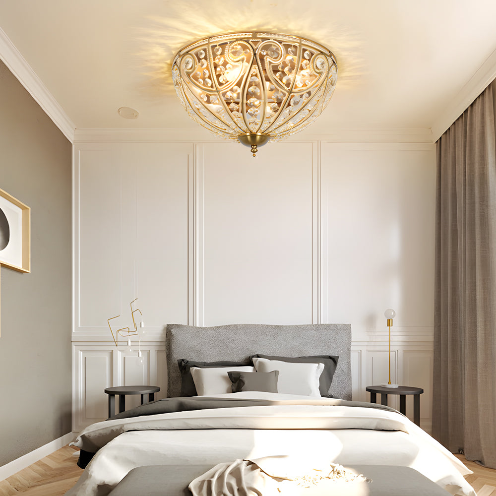 Antique Bronze Roman Style Crystal Bowl Flush Mount Ceiling Light for Elegant Home Decor