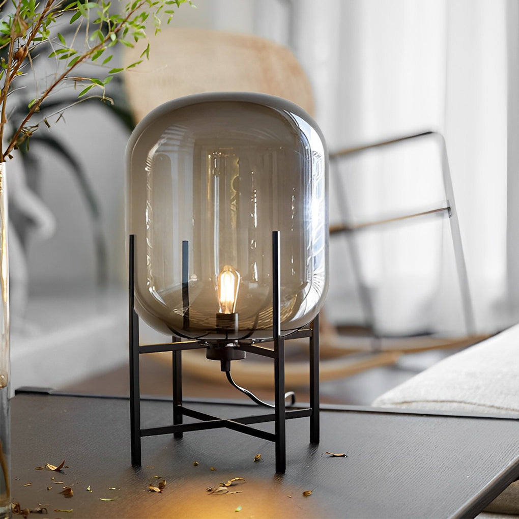Modern Industrial Floor Lamp with Hand Blown Smoke Glass Shade and Black Metal Frame