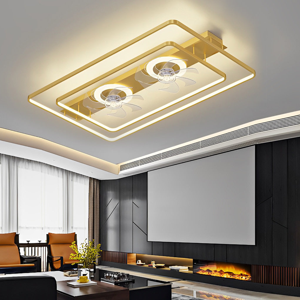 Modern Rectangular Bladeless Ceiling Fan with LED Light and Dual Internal Fans for Living Room