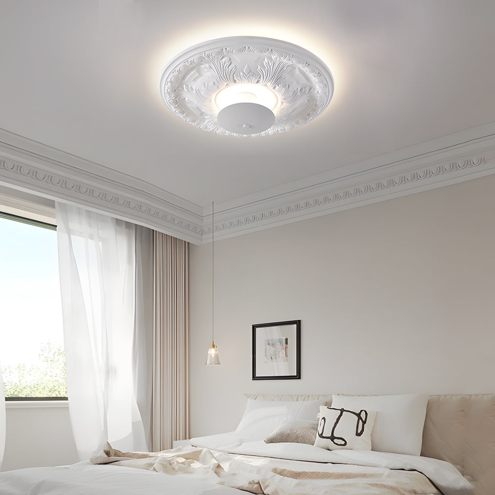 Ornate White Plaster Relief LED Flush Mount Round Ceiling Light Dimmable 19.7 Inch