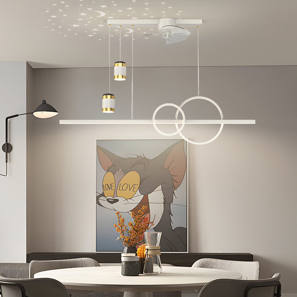 Modern LED Dining Room Linear Chandelier with Integrated Fan and Starry Projection Light