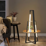 63 Inch Modern LED Tray Floor Lamp with Dimmable Lighting and Wooden Side Table for Living Room