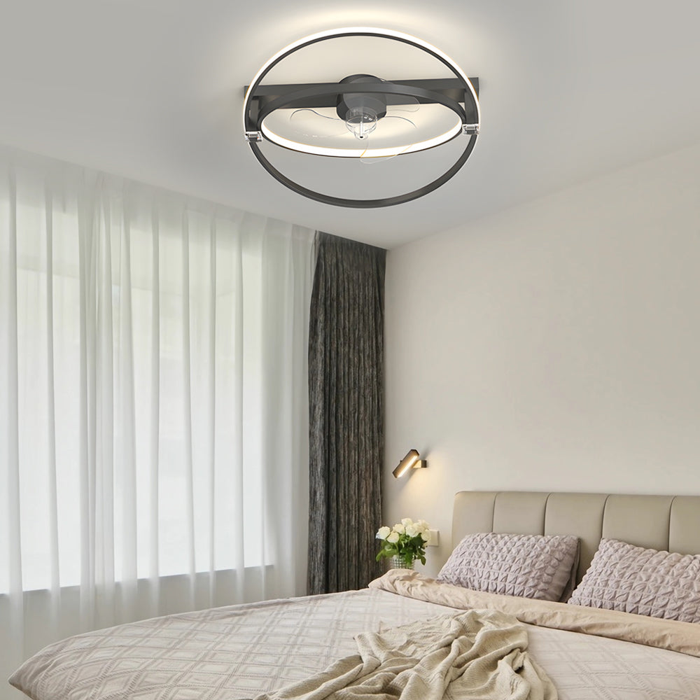Modern 2 Ring LED Flush Mount Ceiling Fan with 3 Step Dimming for Bedroom Kitchen