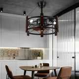 Vintage Industrial Black Metal Cage Bladeless Ceiling Fan with 4 Light Chandelier for Living Room