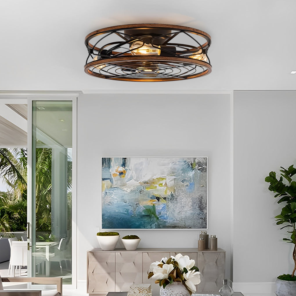 Industrial Metal Bladeless Ceiling Fan with Light Silent Low Profile Flush Mount Cage Fan Lamp
