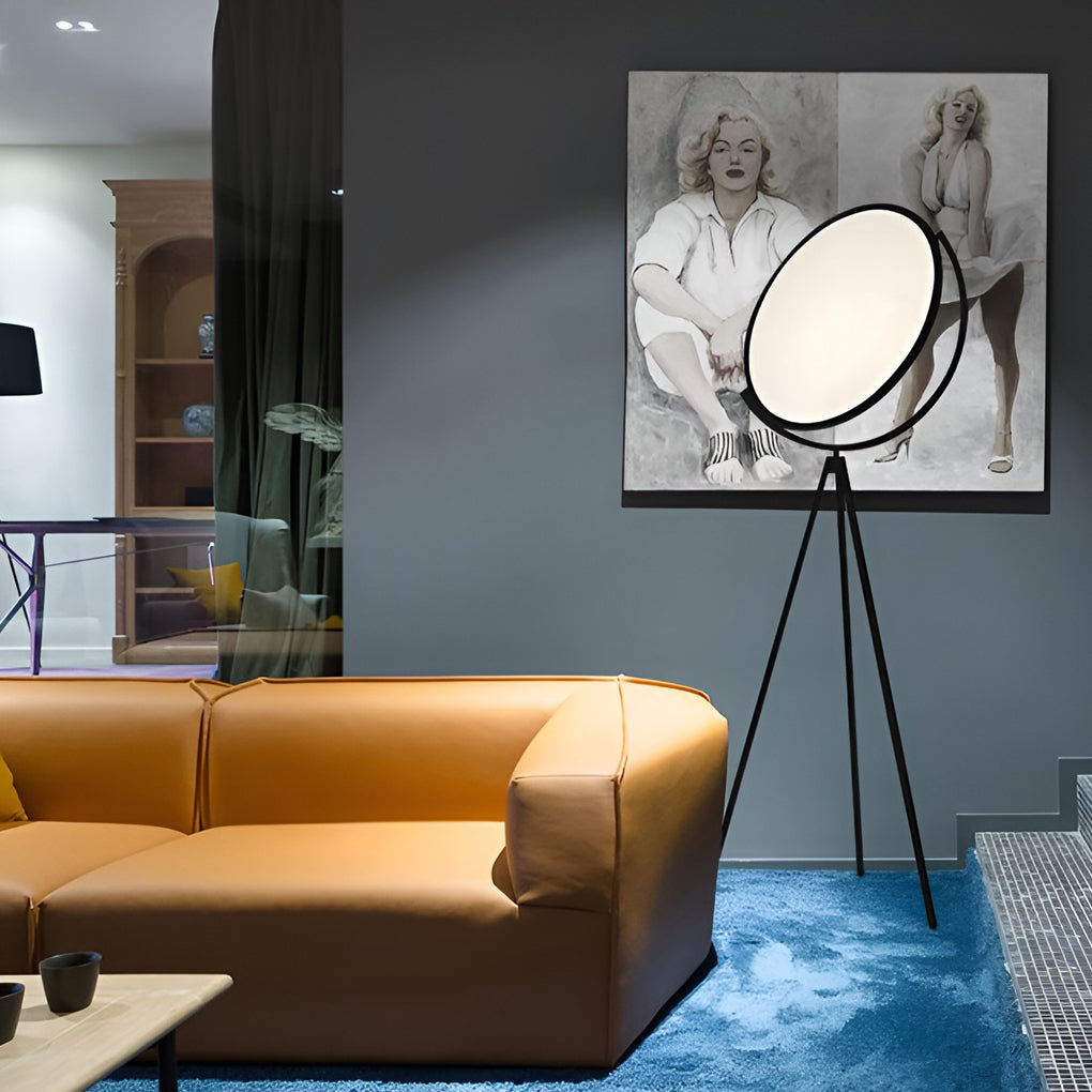 Modern Black Tripod Floor Lamp with Rotating LED Disc and Acrylic Diffuser for Bedroom and Living Room