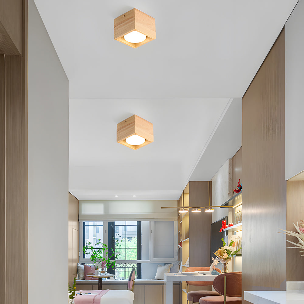 Modern Japanese Wood Cube LED Spotlight Flush Mount Ceiling Light for Aisle and Bedroom