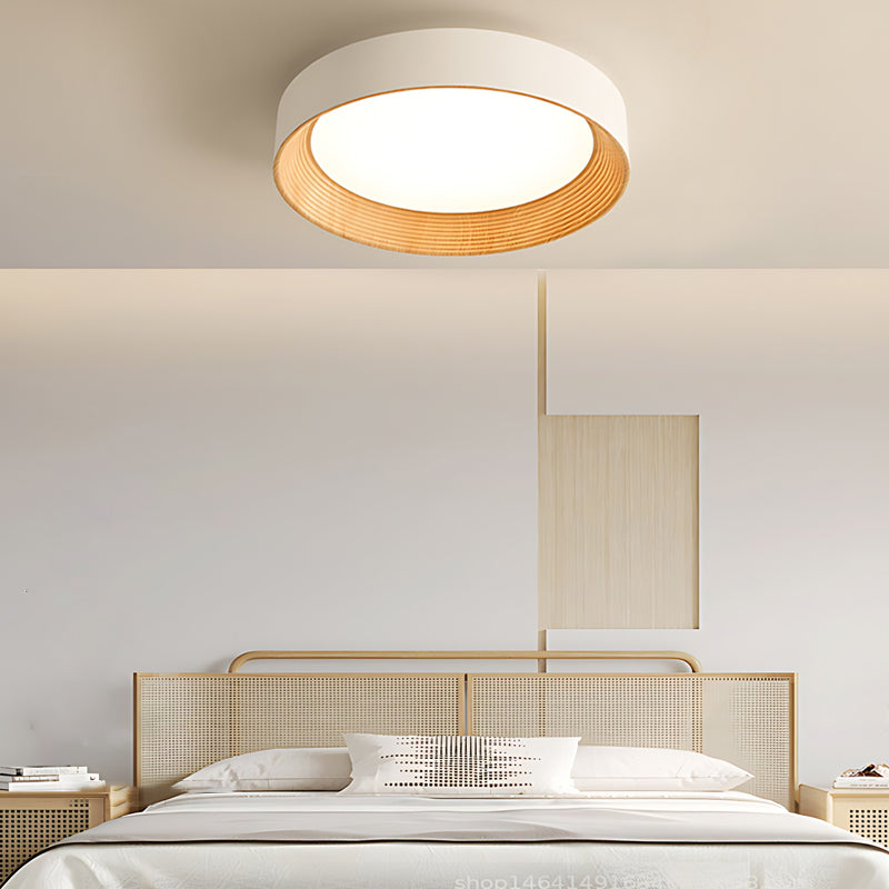 Modern Wood Grain Round LED Ceiling Light Iron 3 Step Dimming Flush Mount Fixture