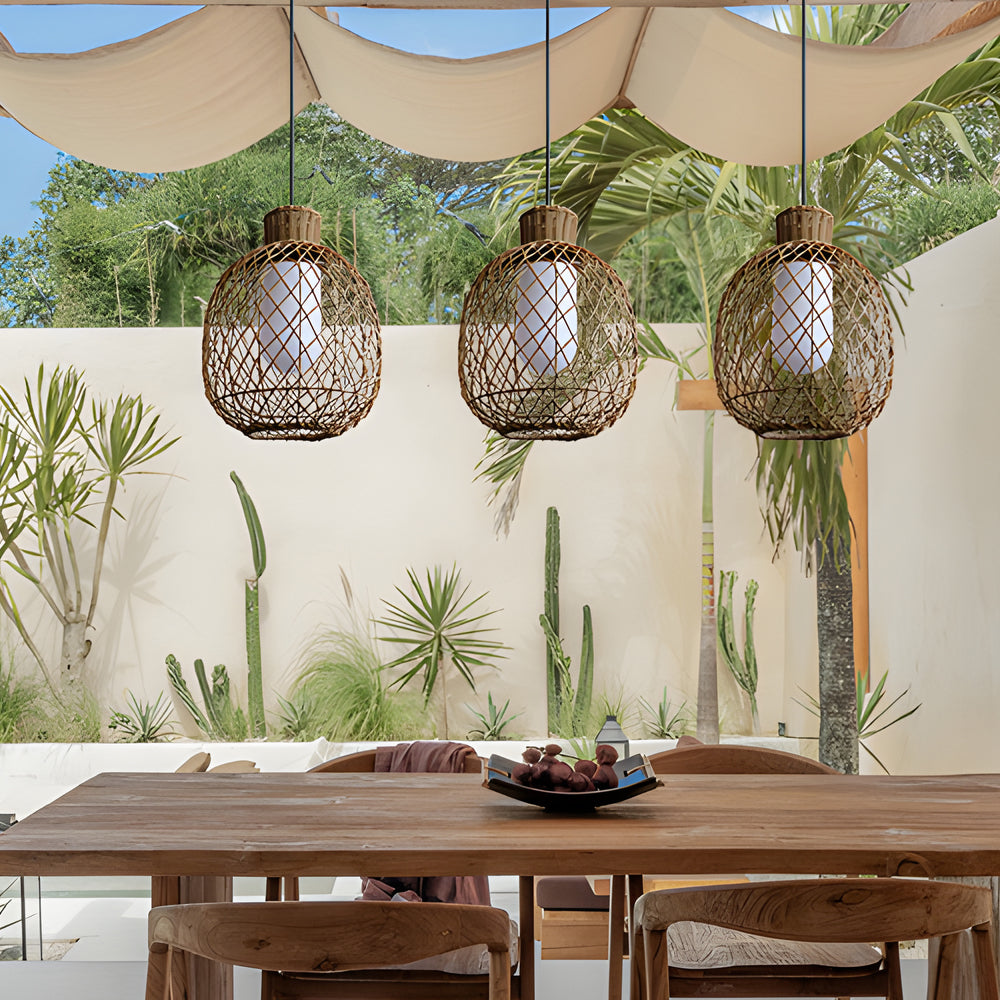 Rustic Modern Outdoor Rattan Pendant Light 10W LED Waterproof Ceiling Hanging Lantern for Garden and Porch