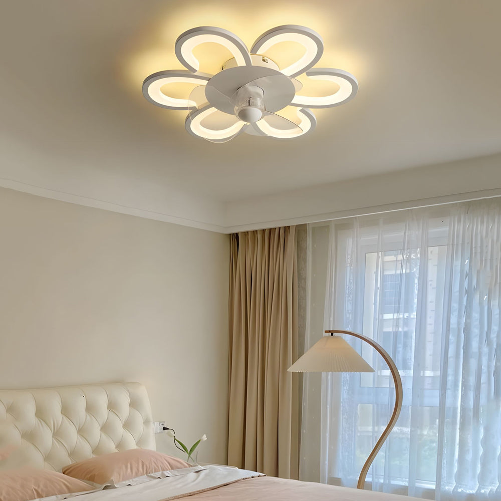 Modern 19.7 Inch White Flower Flush Mount Ceiling Fan with Remote Control and Dimmable LED Light
