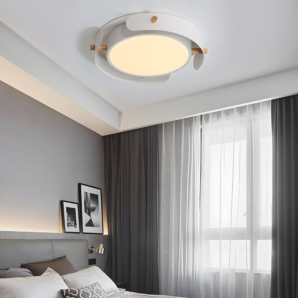 Modern White Iron and Rubber Wood Round Drum Flush Mount LED Ceiling Light Fixture